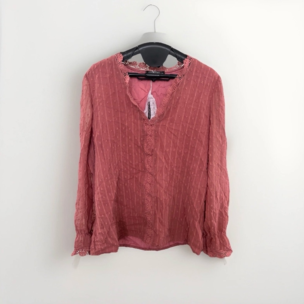 Jollycode Top Small Pink Rose Long Sleeve Boho Peasant Blouse Shirt
